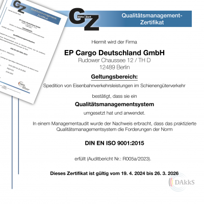 Certifikát kvality pro EP Cargo v Německu